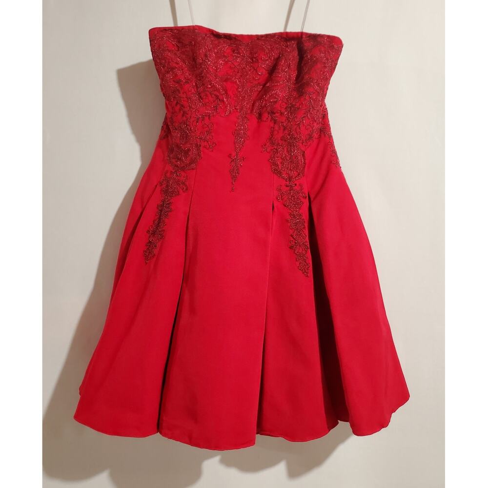 Marchesa Notte Strapless Embroidered Dress Size 2 Red Formal Cocktail Silk Blend